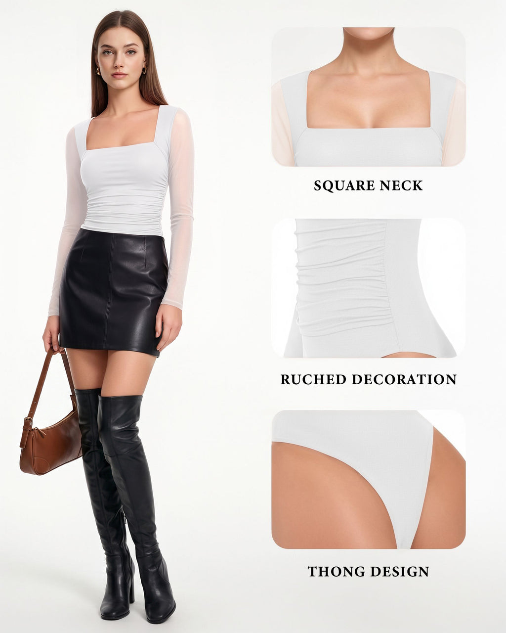 MANGOPOP Mesh Square Neck Long-Sleeve Sheer Ruched Bodysuit White