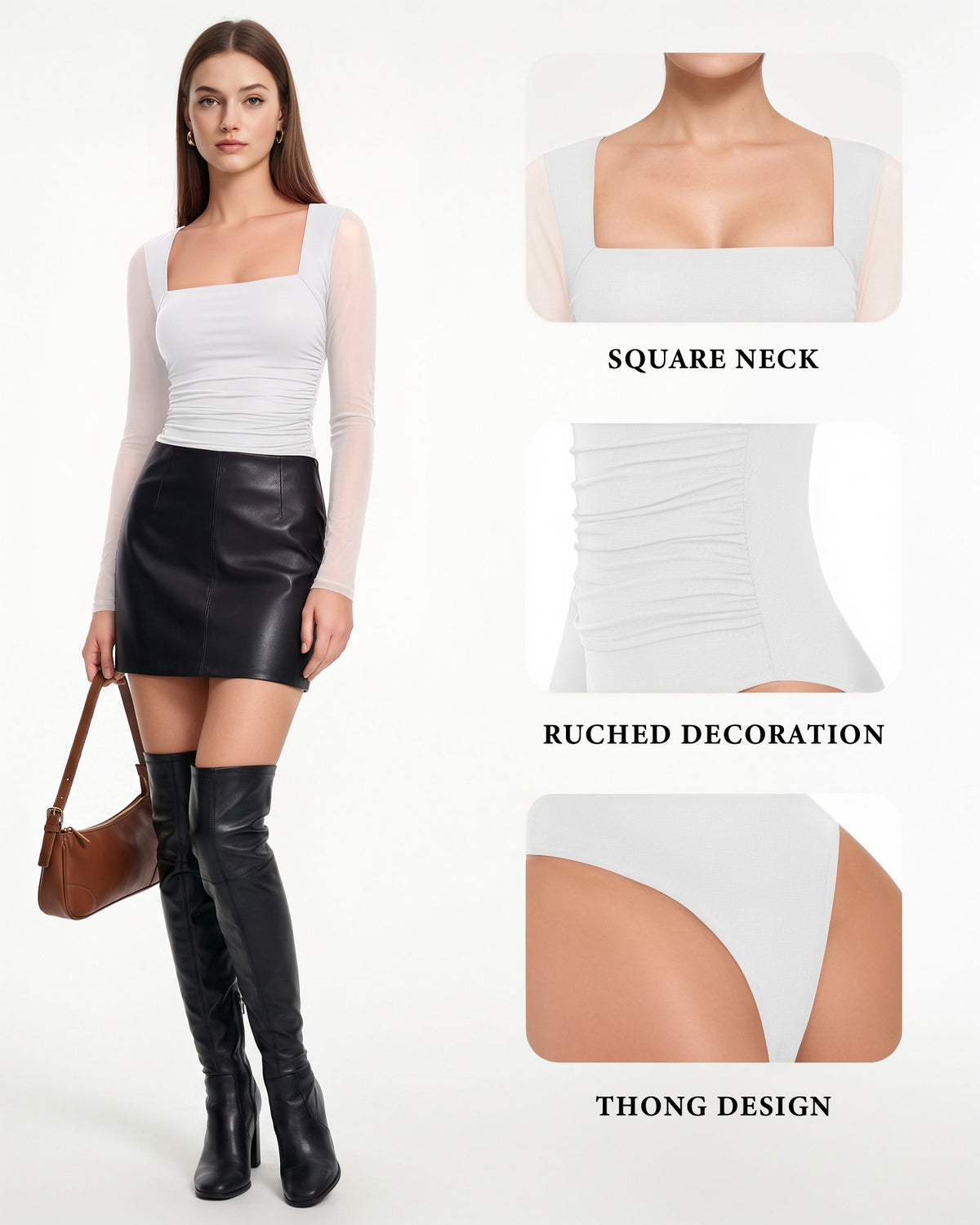 MANGOPOP Mesh Square Neck Long-Sleeve Sheer Ruched Bodysuit White