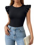 MANGOPOP Crew Neck Ruffle Sleeveless Spring Blouse Black