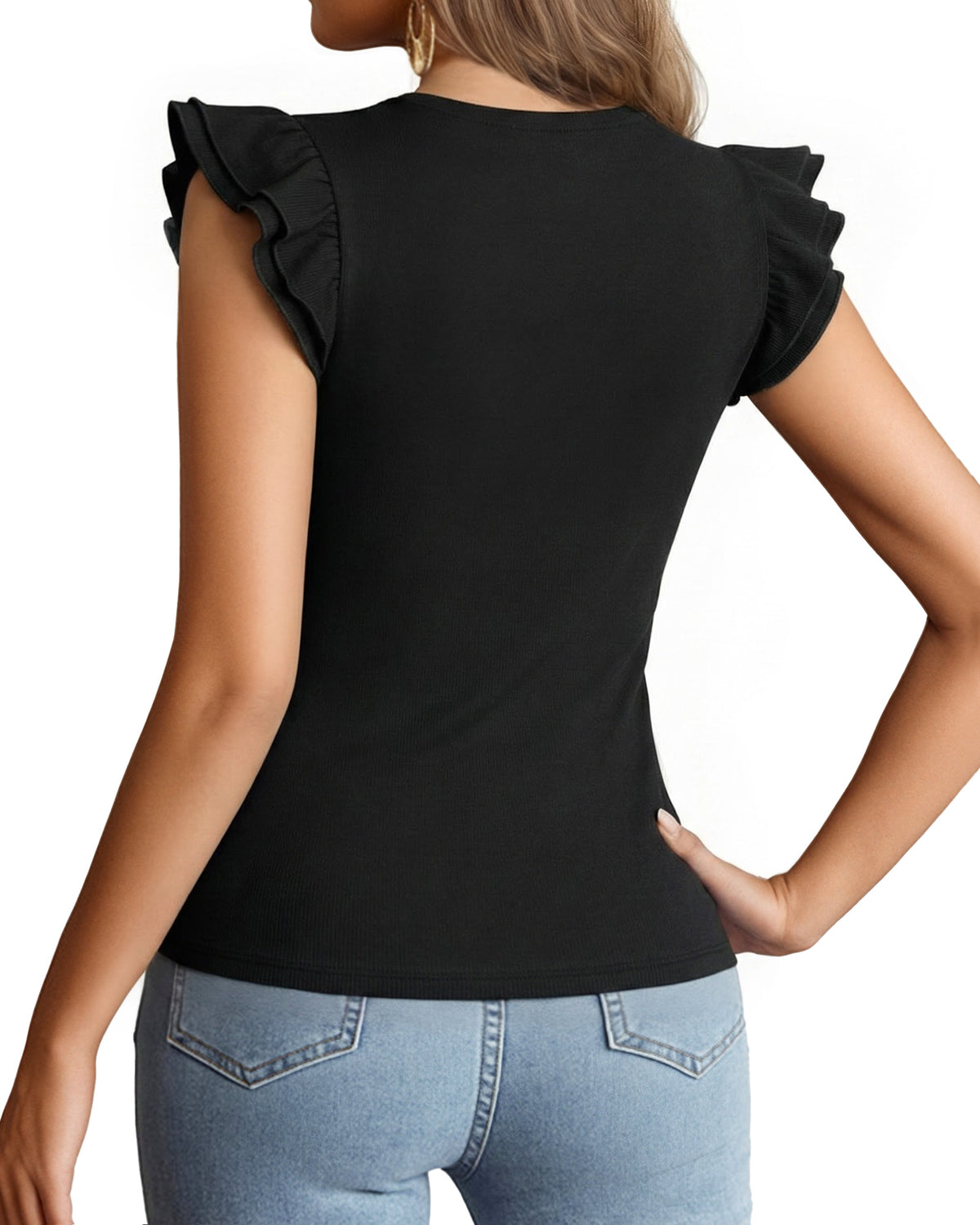 MANGOPOP Crew Neck Ruffle Sleeveless Spring Blouse Black