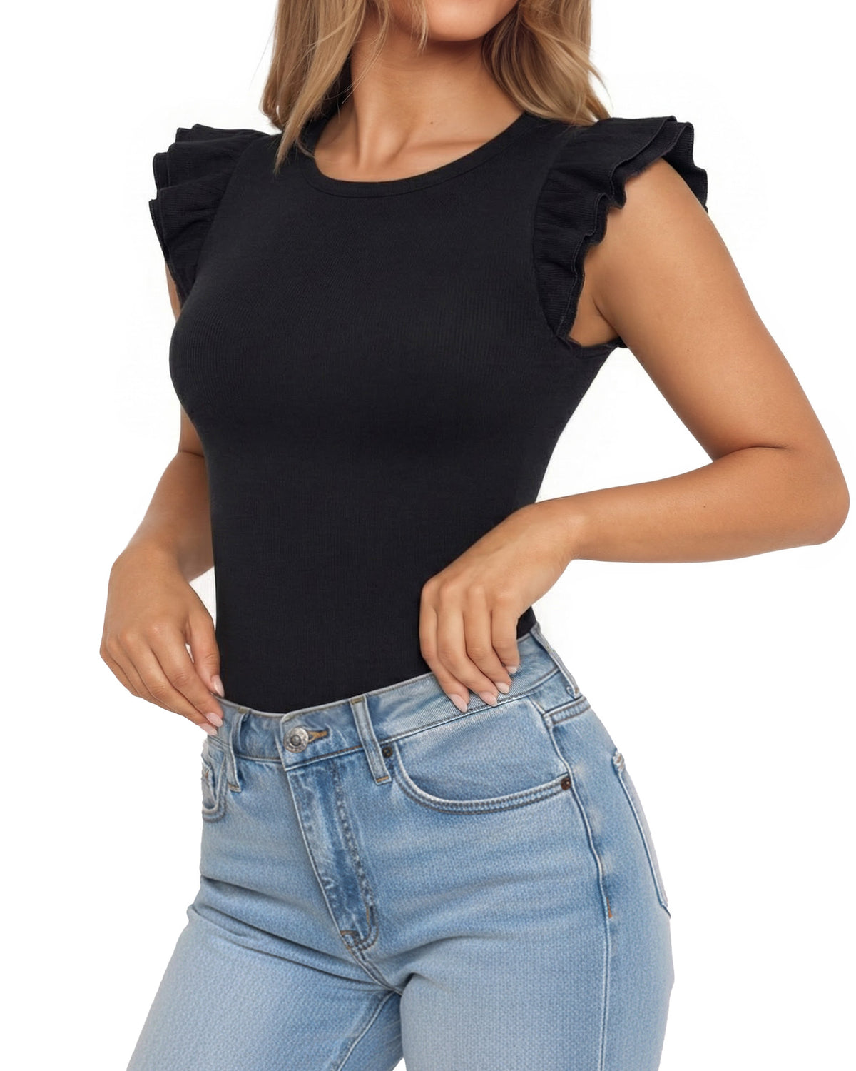 MANGOPOP Crew Neck Ruffle Sleeveless Spring Blouse Black