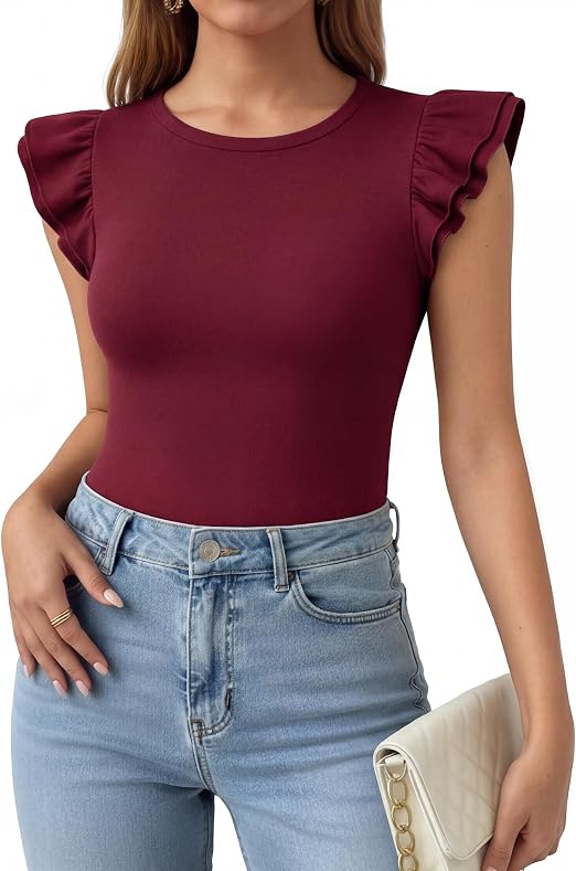 MANGOPOP Crew Neck Ruffle Sleeveless Spring Blouse Burgundy