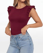 MANGOPOP Crew Neck Ruffle Sleeveless Spring Blouse Burgundy