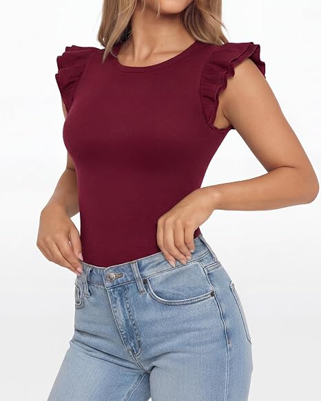 MANGOPOP Crew Neck Ruffle Sleeveless Spring Blouse Burgundy
