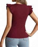 MANGOPOP Crew Neck Ruffle Sleeveless Spring Blouse Burgundy