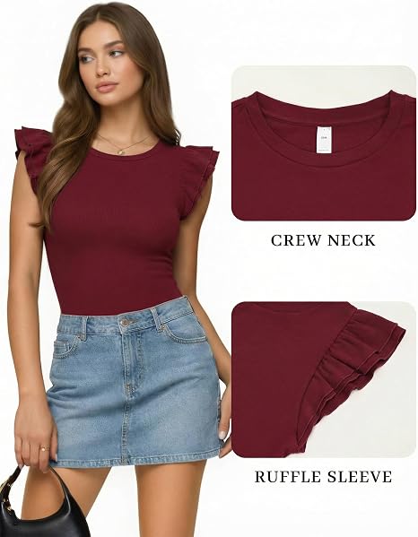 MANGOPOP Crew Neck Ruffle Sleeveless Spring Blouse Burgundy