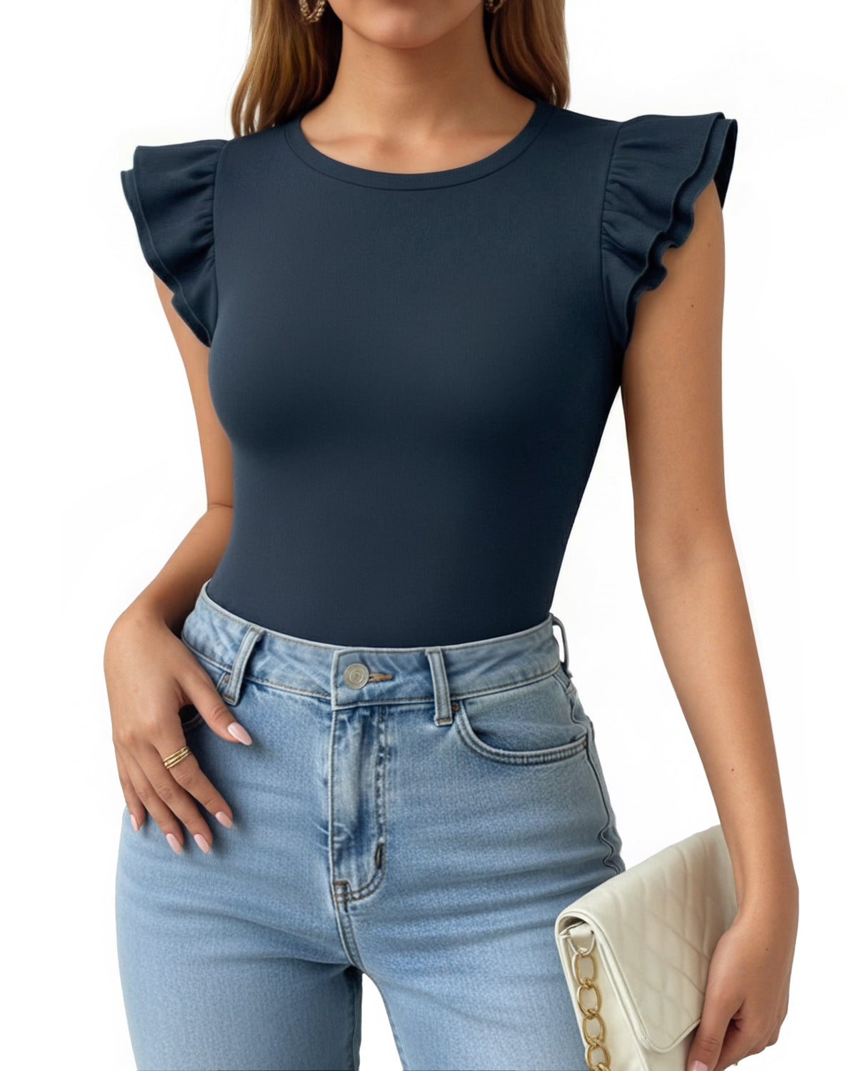 MANGOPOP Crew Neck Ruffle Sleeveless Spring Blouse Deep Blue