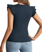 MANGOPOP Crew Neck Ruffle Sleeveless Spring Blouse Deep Blue