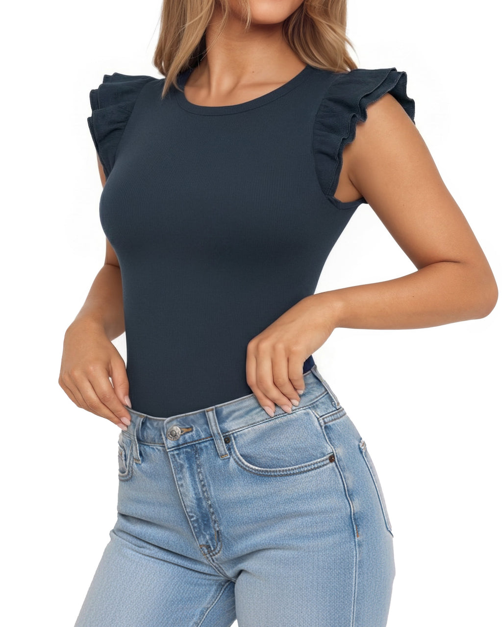 MANGOPOP Crew Neck Ruffle Sleeveless Spring Blouse Deep Blue