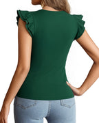 MANGOPOP Crew Neck Ruffle Sleeveless Spring Blouse Deep Green