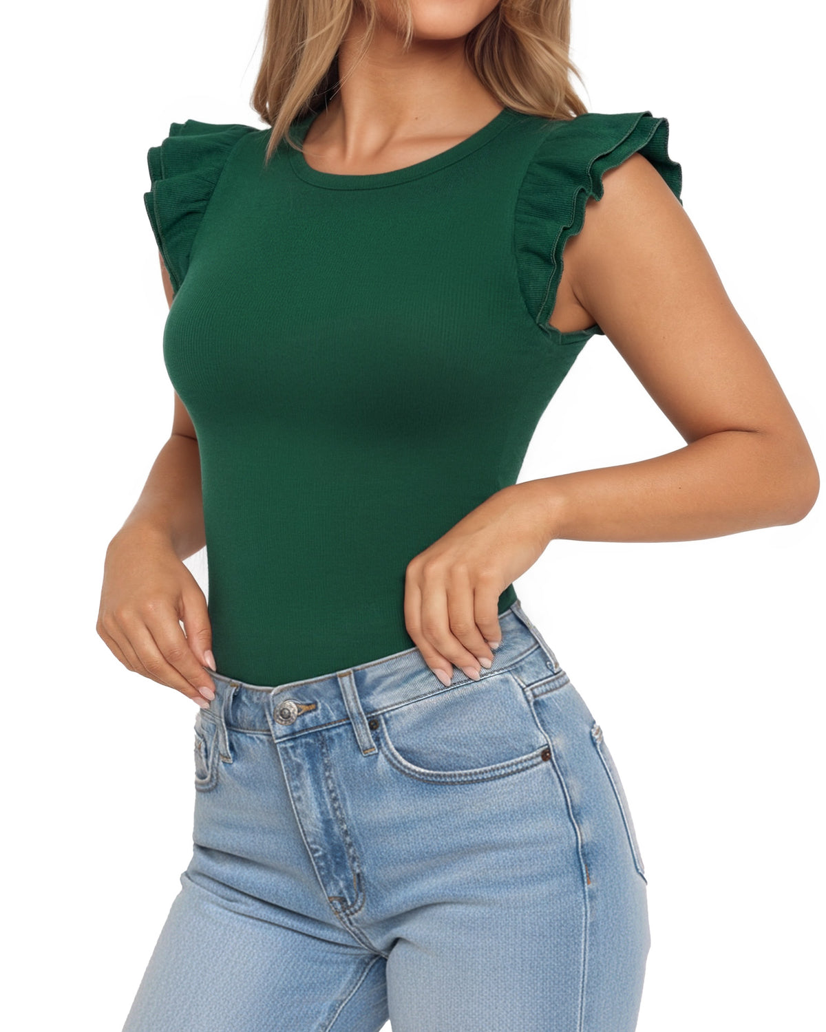 MANGOPOP Crew Neck Ruffle Sleeveless Spring Blouse Deep Green