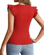 MANGOPOP Crew Neck Ruffle Sleeveless Spring Blouse Red