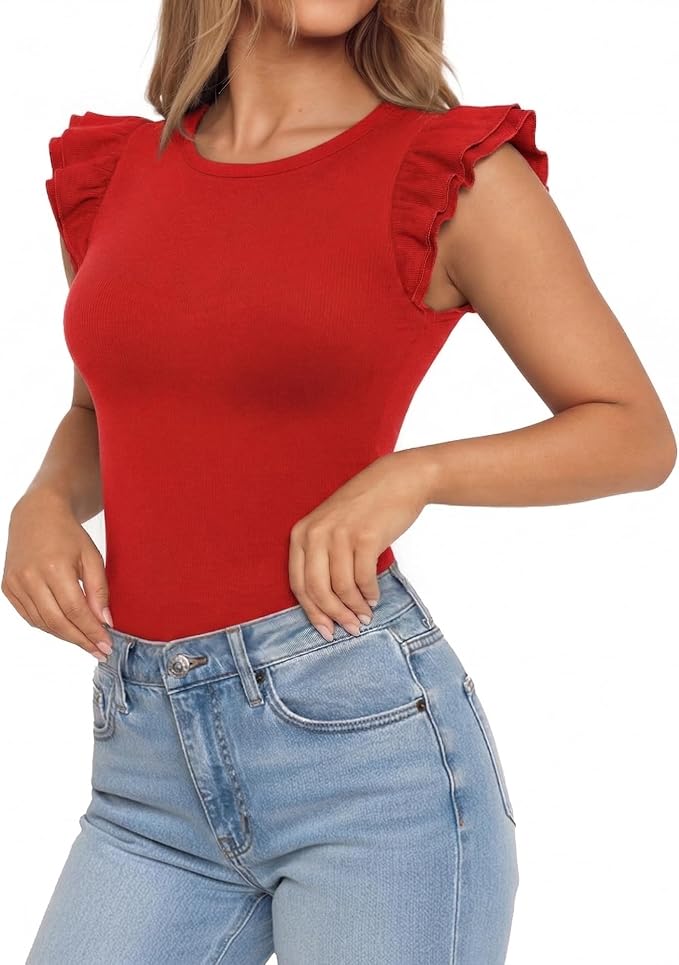 MANGOPOP Crew Neck Ruffle Sleeveless Spring Blouse Red