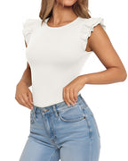 MANGOPOP Crew Neck Ruffle Sleeveless Spring Blouse White
