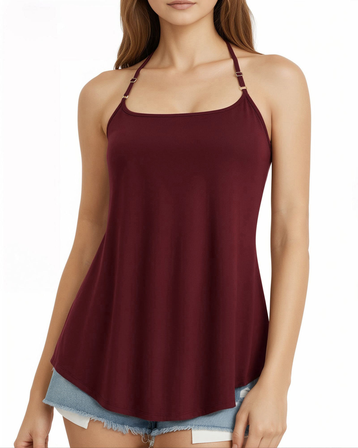 MANGOPOP Halter Tank Loose Fit Sleeveless Square Top Burgundy