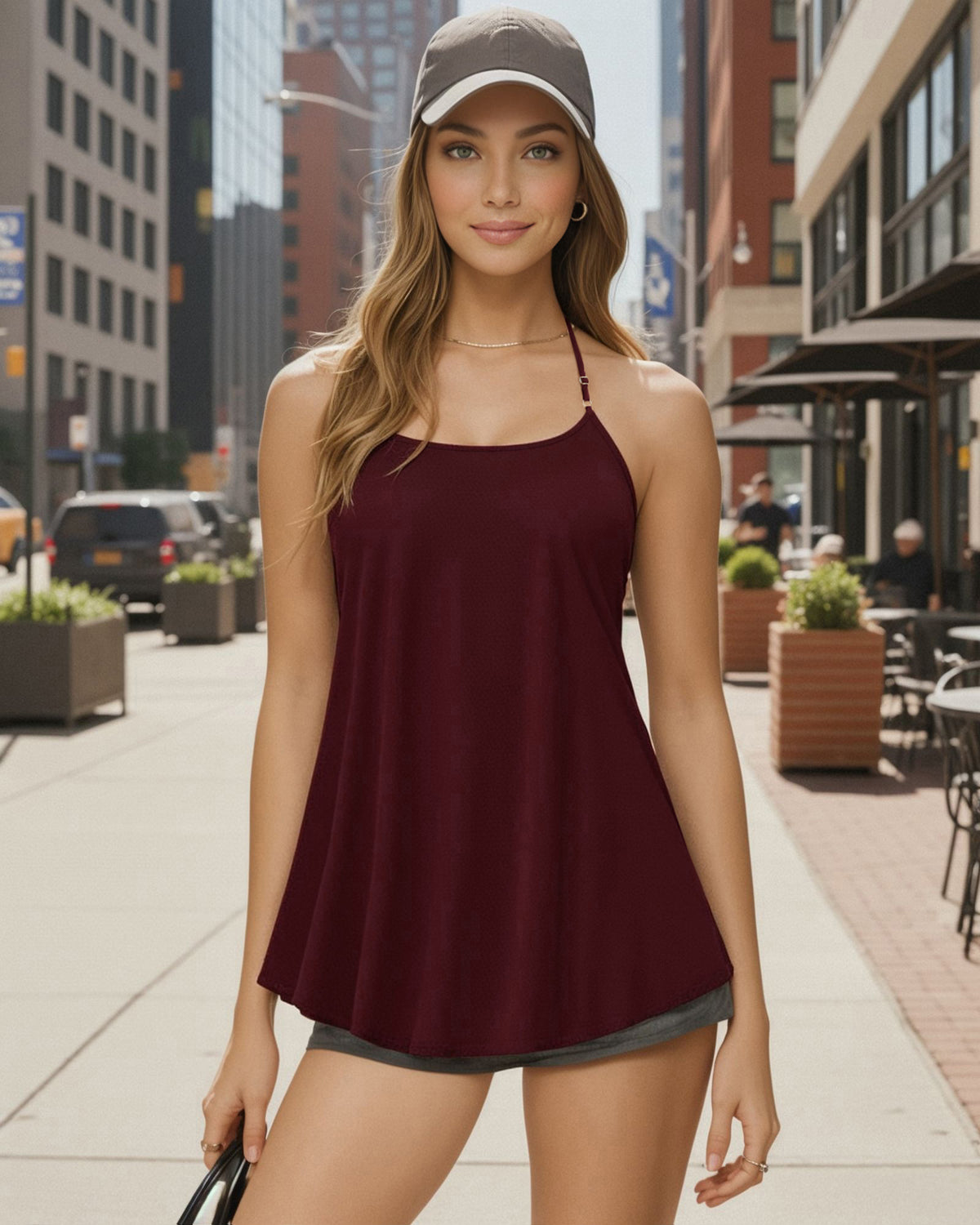 MANGOPOP Halter Tank Loose Fit Sleeveless Square Top Burgundy