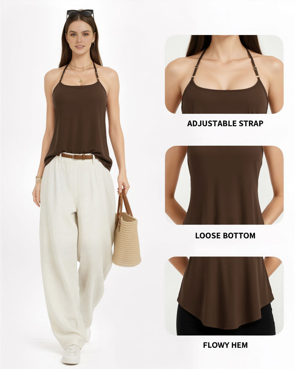 MANGOPOP Halter Tank Loose Fit Sleeveless Square Top Coffee