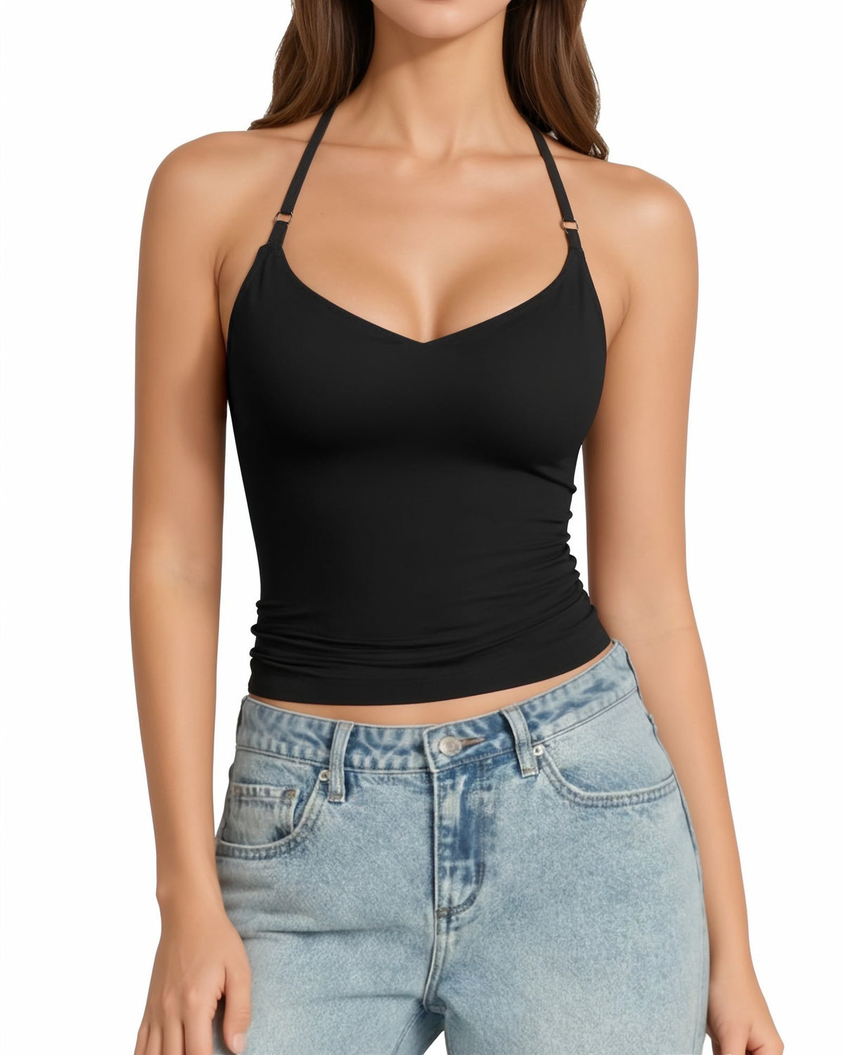 MANGOPOP Adjustable Halter V-Neck Tank Backless Double Top Black