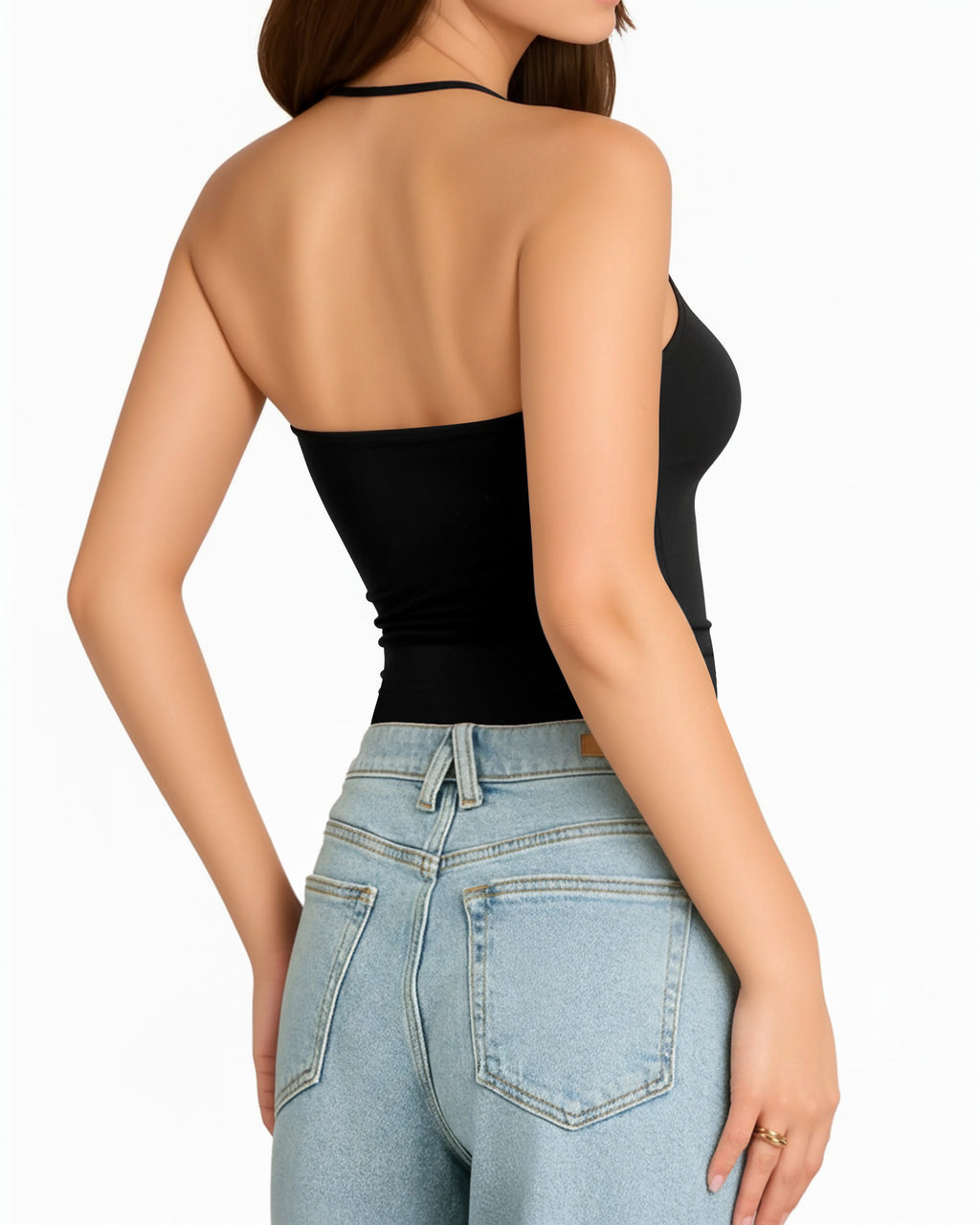 MANGOPOP Adjustable Halter V-Neck Tank Backless Double Top Black
