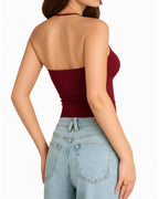 MANGOPOP Adjustable Halter V-Neck Tank Backless Double Top Burgundy