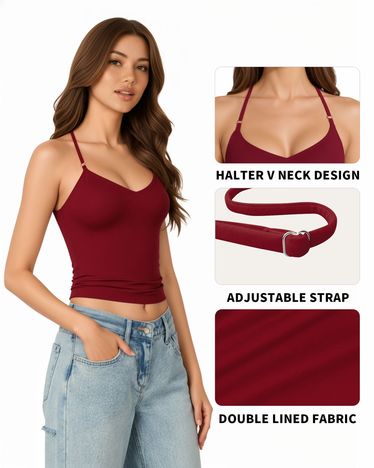 MANGOPOP Adjustable Halter V-Neck Tank Backless Double Top Burgundy