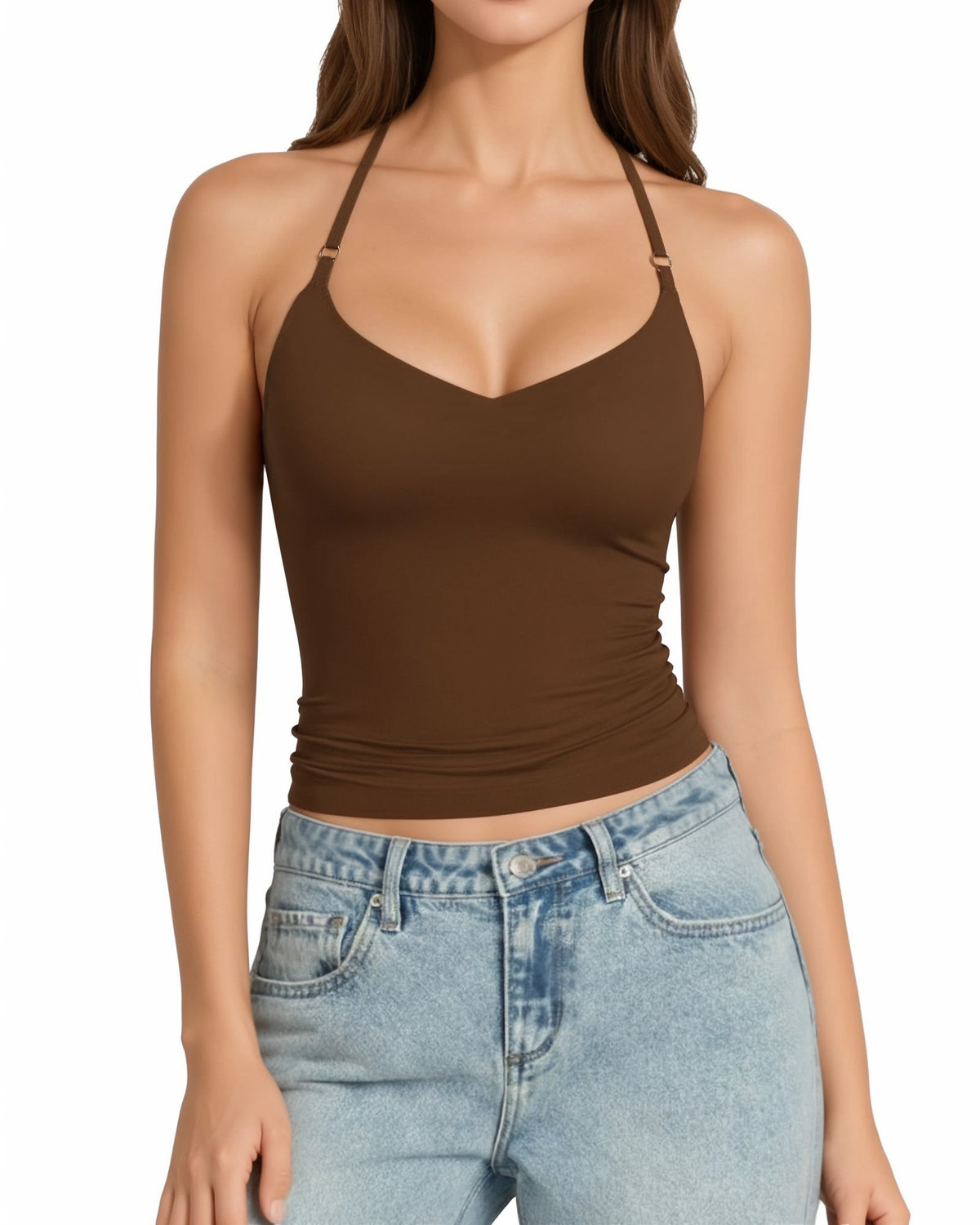 MANGOPOP Adjustable Halter V-Neck Tank Backless Double Top Coffee