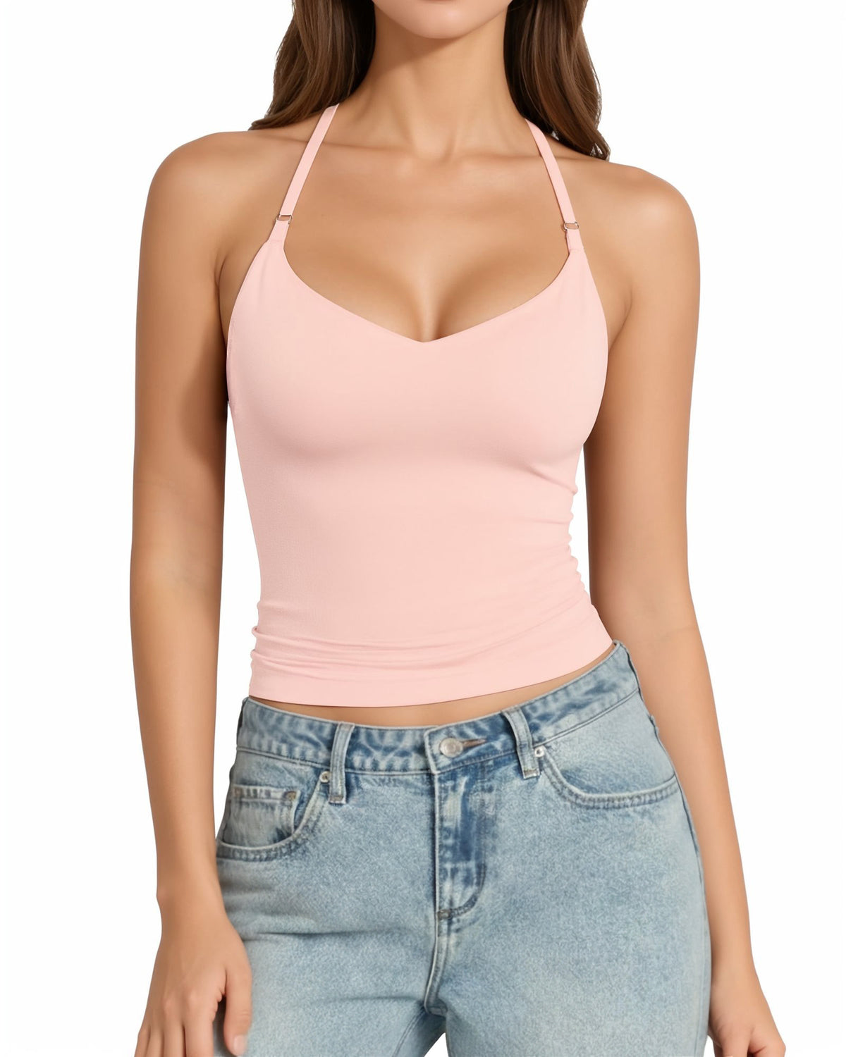 MANGOPOP Adjustable Halter V-Neck Tank Backless Double Top Rose Quartz