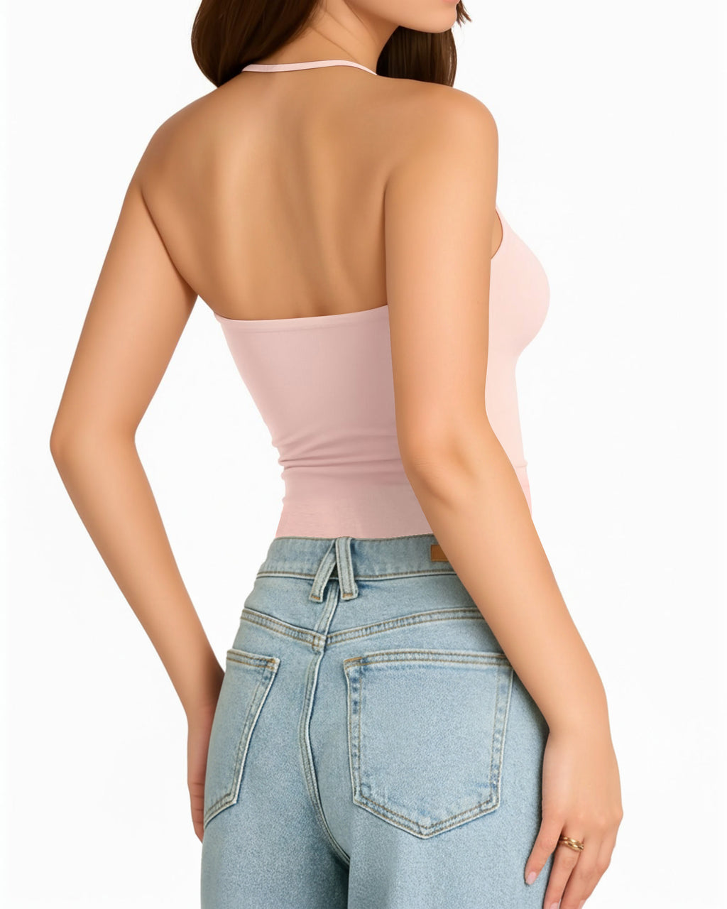 MANGOPOP Adjustable Halter V-Neck Tank Backless Double Top Rose Quartz