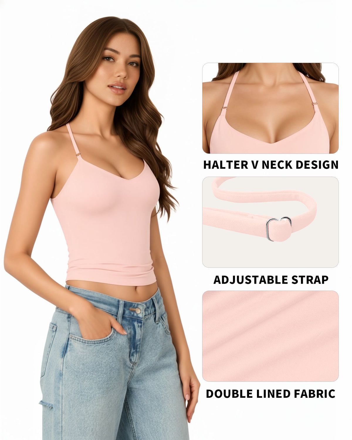 MANGOPOP Adjustable Halter V-Neck Tank Backless Double Top Rose Quartz