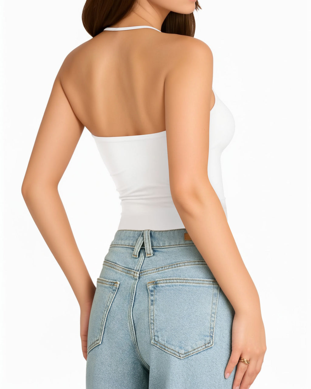 MANGOPOP Adjustable Halter V-Neck Tank Backless Double Top White