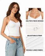 MANGOPOP Adjustable Halter V-Neck Tank Backless Double Top White
