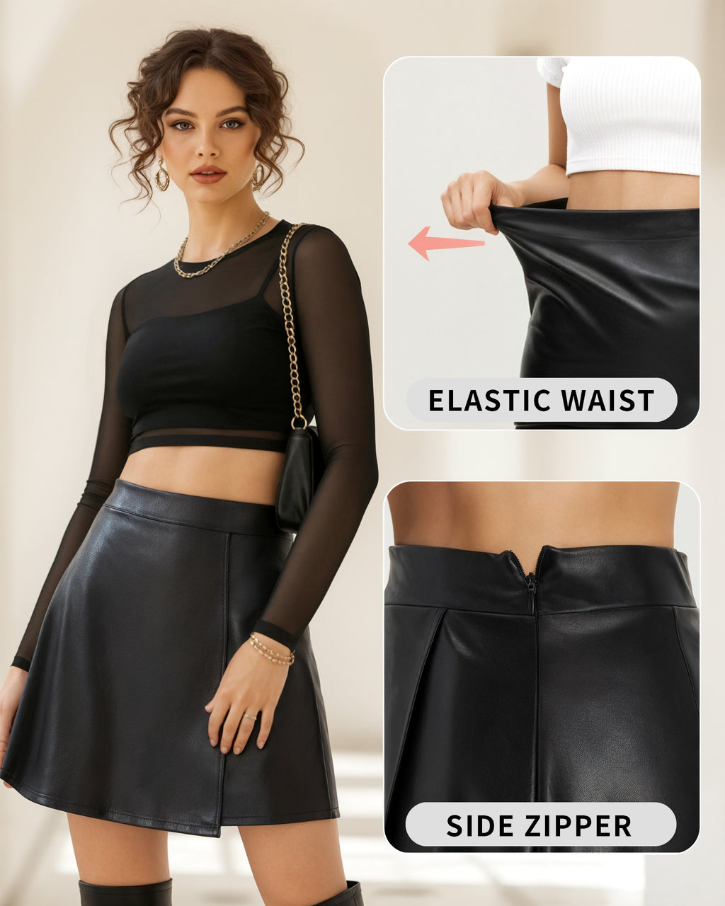 MANGOPOP Faux Leather High Waist Lined Mini Skirt A-Black