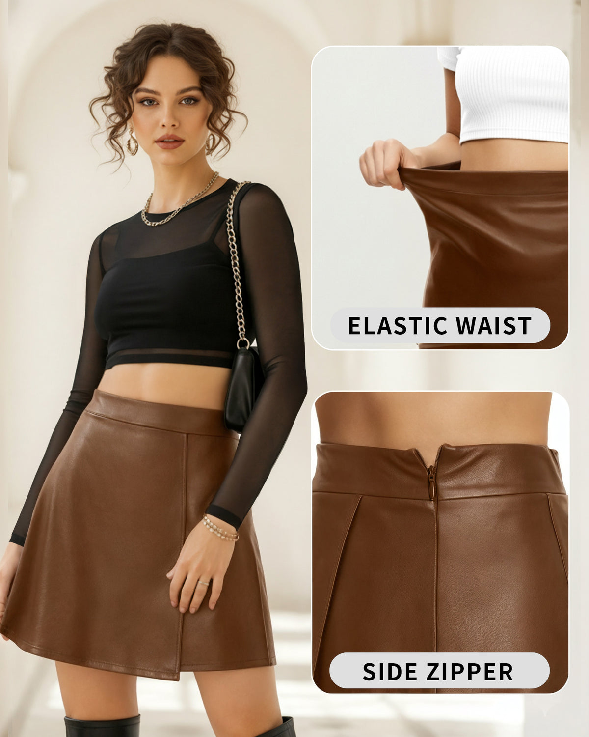 MANGOPOP Faux Leather High Waist Lined Mini Skirt B-Brown