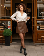 MANGOPOP Faux Leather High Waist Lined Mini Skirt B-Brown