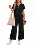 MANGOPOP Henley Wide Leg Pants Lounge Set Black