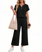 MANGOPOP Henley Wide Leg Pants Lounge Set Black