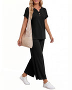MANGOPOP Henley Wide Leg Pants Lounge Set Black