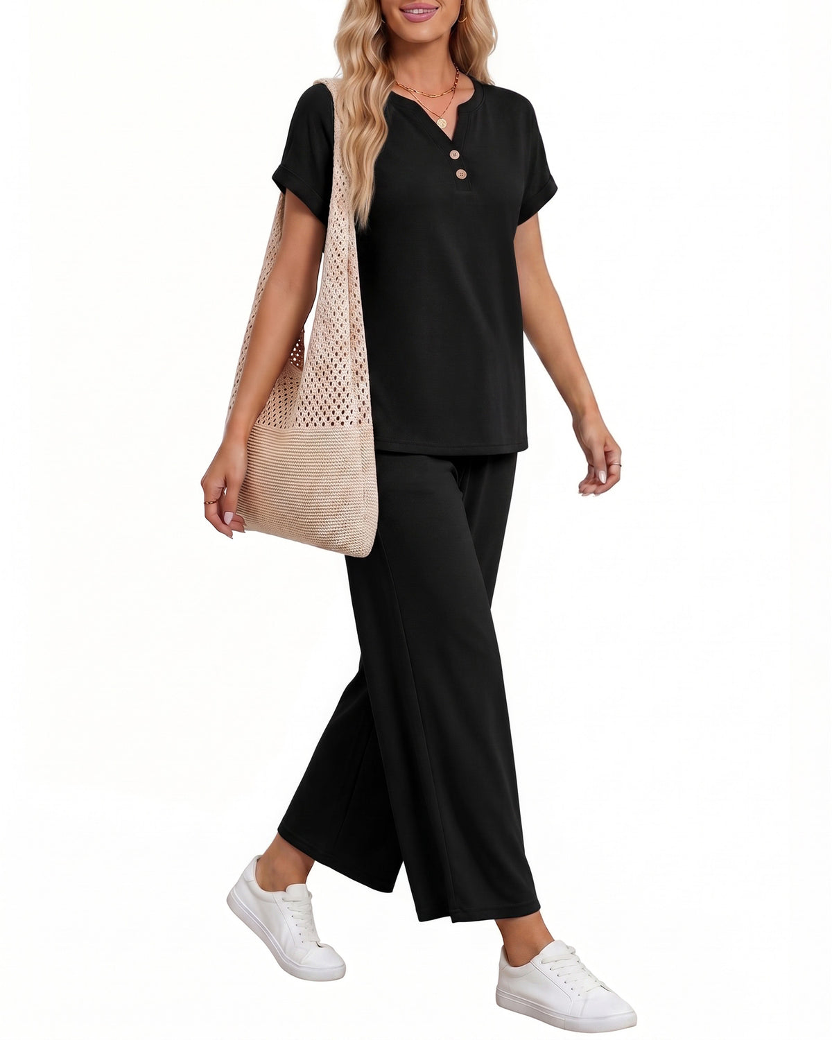 MANGOPOP Henley Wide Leg Pants Lounge Set Black