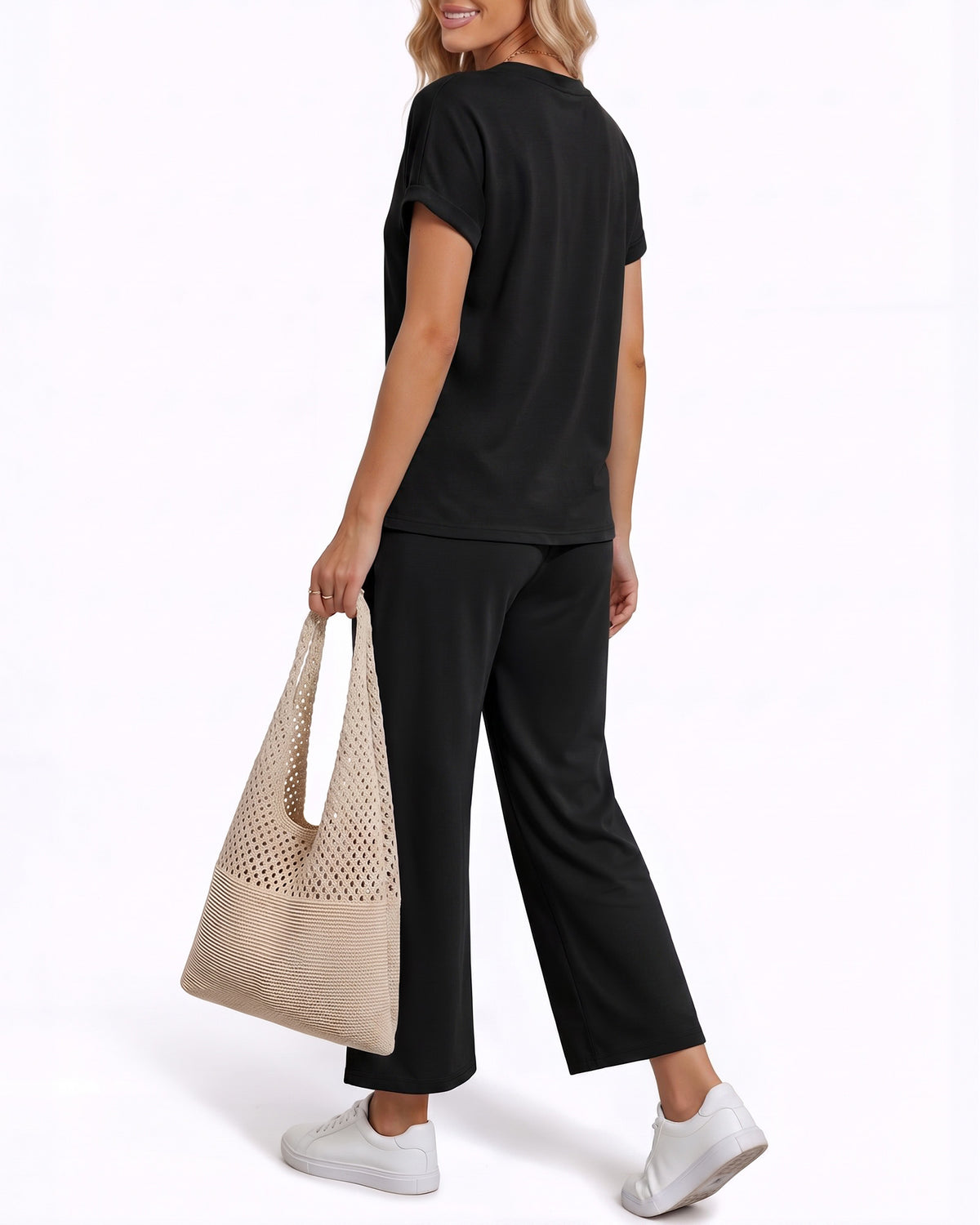 MANGOPOP Henley Wide Leg Pants Lounge Set Black