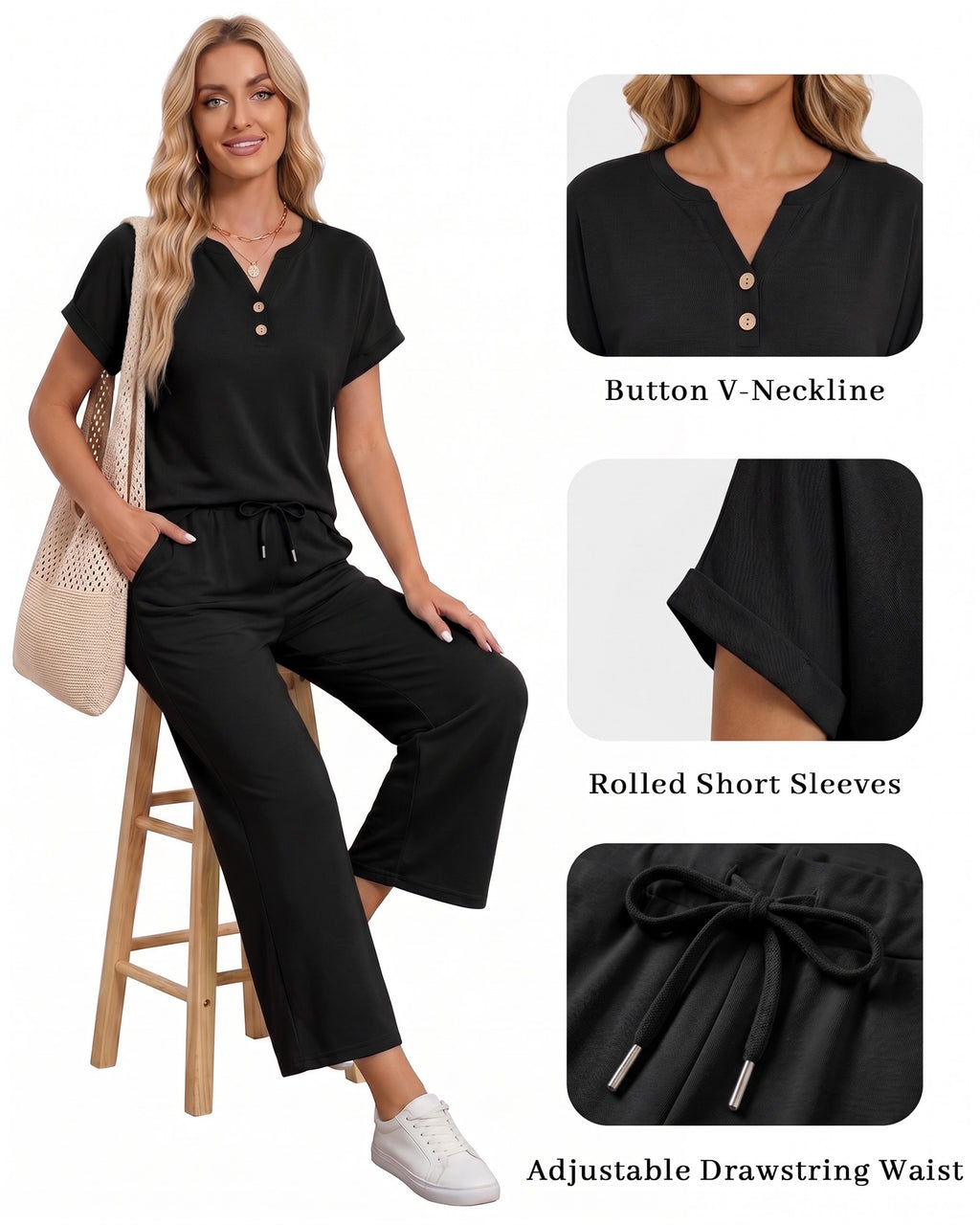 MANGOPOP Henley Wide Leg Pants Lounge Set Black