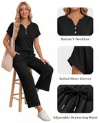 MANGOPOP Henley Wide Leg Pants Lounge Set Black