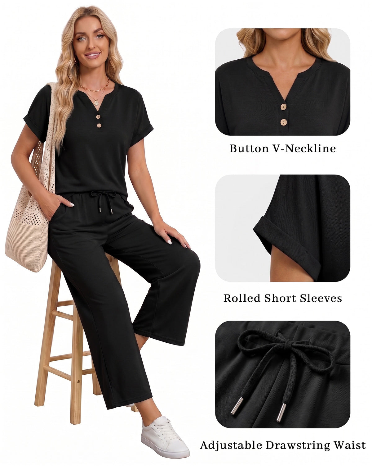 MANGOPOP Henley Wide Leg Pants Lounge Set Black