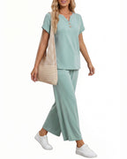 MANGOPOP Henley Wide Leg Pants Lounge Set Blue