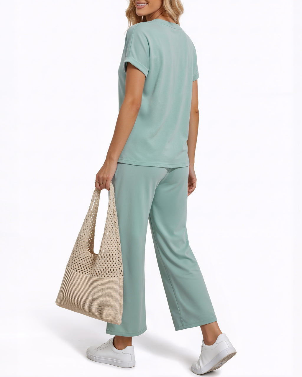 MANGOPOP Henley Wide Leg Pants Lounge Set Blue