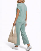 MANGOPOP Henley Wide Leg Pants Lounge Set Blue