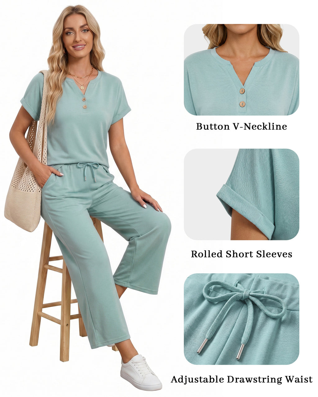 MANGOPOP Henley Wide Leg Pants Lounge Set Blue