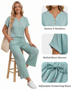 MANGOPOP Henley Wide Leg Pants Lounge Set Blue