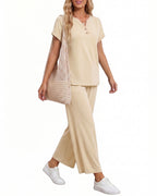 MANGOPOP Henley Wide Leg Pants Lounge Set Khaki