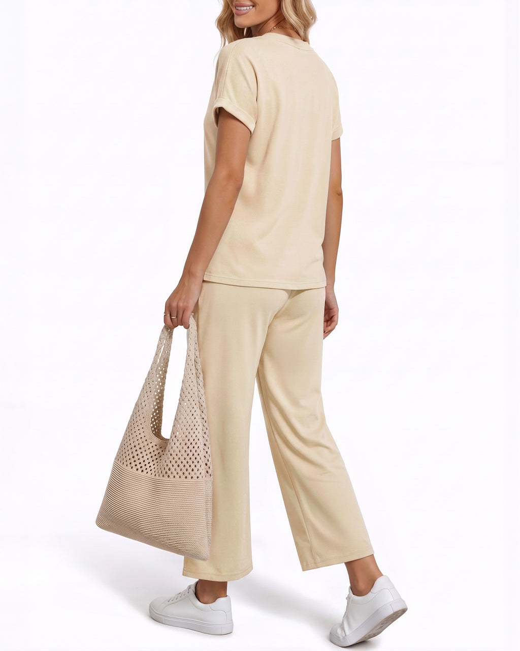 MANGOPOP Henley Wide Leg Pants Lounge Set Khaki