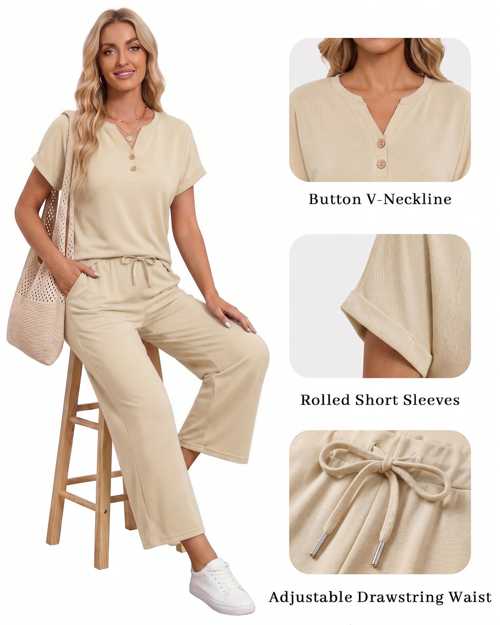MANGOPOP Henley Wide Leg Pants Lounge Set Khaki